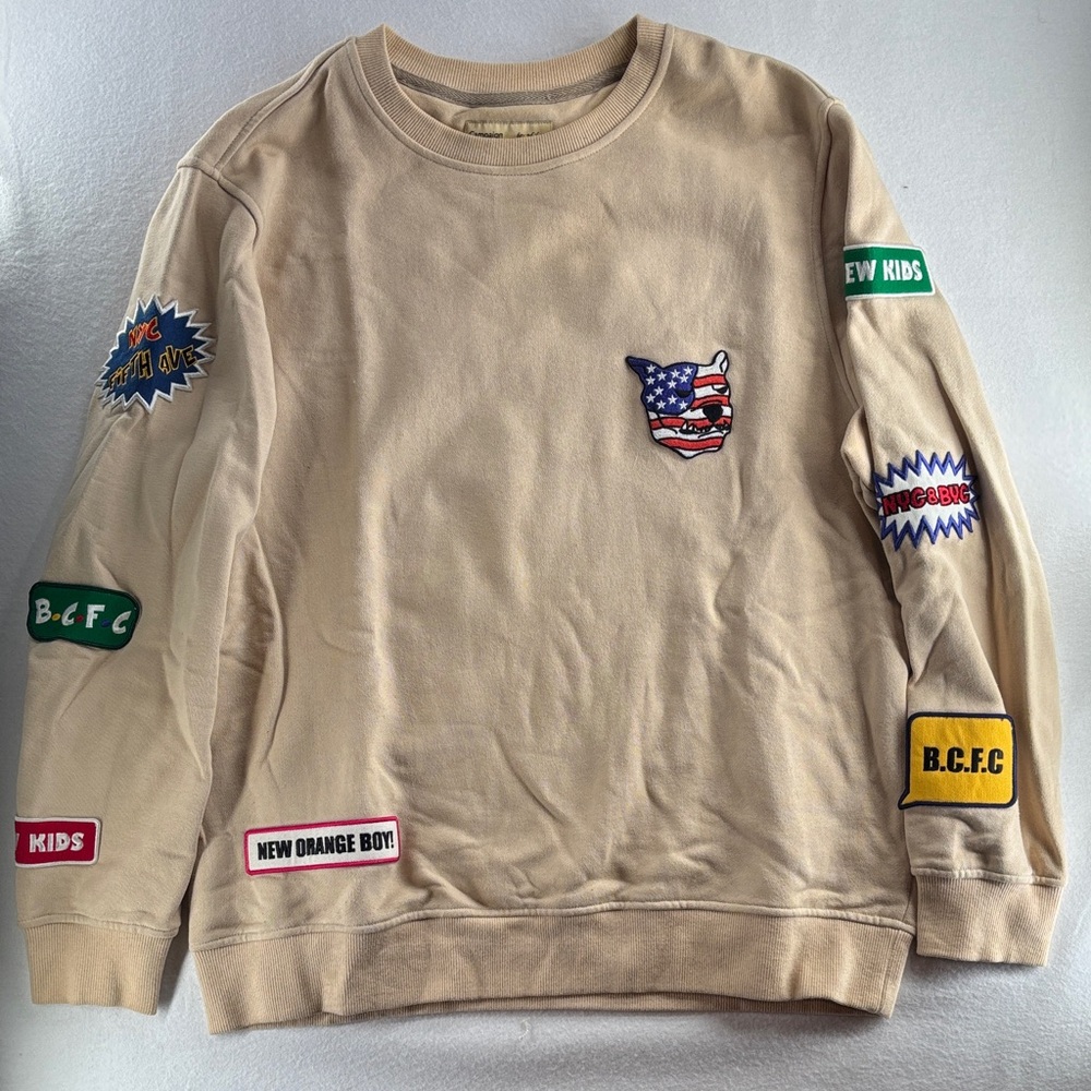 Women’s Korean Campaign Beige Sweatshirt with Patchwork Logos - Size 0